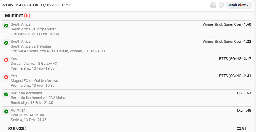 Betslip results for 11 Feb Multi Bet