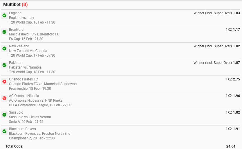 Betslip for 16 to 20 Feb