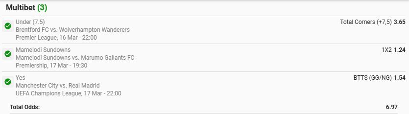 Wednesday Betslip with betting code for weekend of 16 March 2026