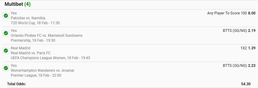 Winning Bet Slip for 18 February. 56x odds