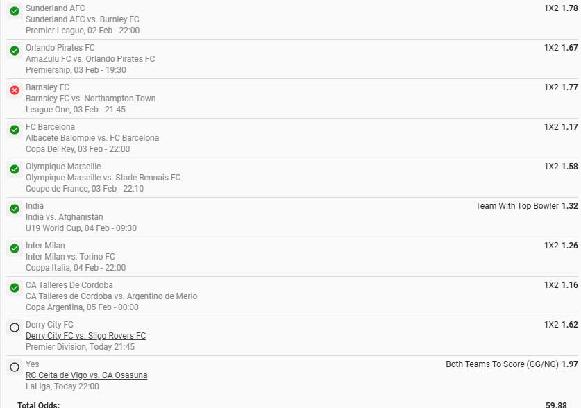 Past bet slip for February 1 weekend