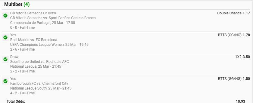 Betway betslip with winning betcode