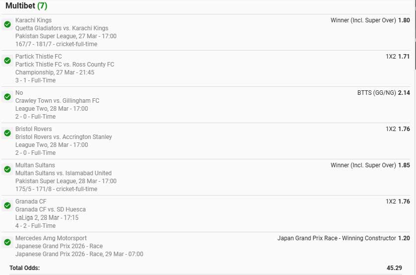 Betway Betslip with betting code won