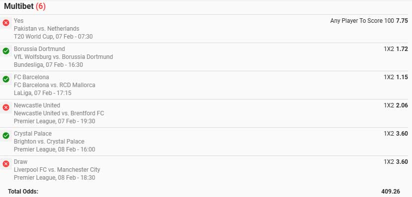 Multibetslip for 6 February