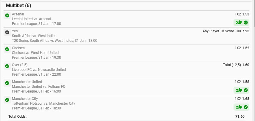 Winning Results for 30 january betslip